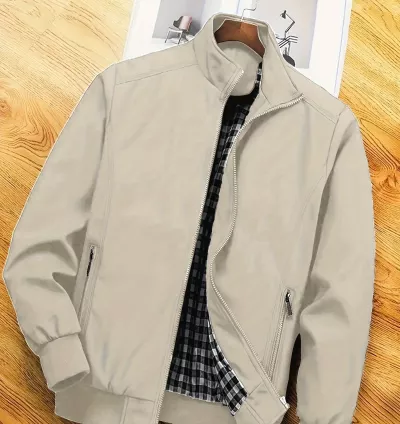 Jaqueta Casual Masculina com Colarinho Rígido – Cor Sólida, Tecido de Poliéster de Alta Qualidade com Bolsos