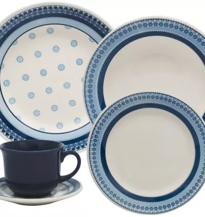 Jogo de Jantar e Chá 20 Peças Donna Biona – Cerâmica Redonda Branco e Azul