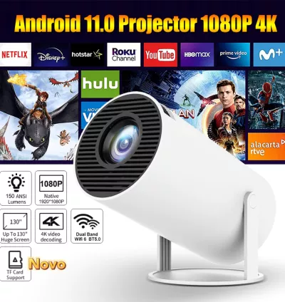 Projetor 4K HD HY300 PRO – Android 11, Wi-Fi, 150” Polegadas, Portátil e Inteligente | Compatível com Celular, TV Box, Xbox, PS e PC