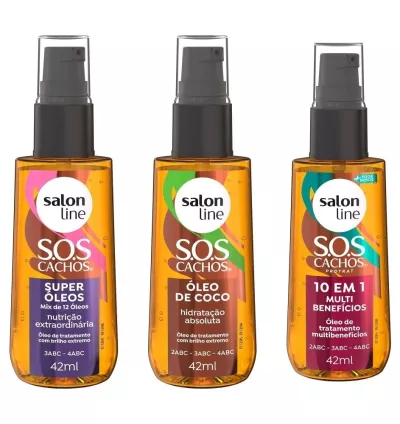 Kit com 3 Óleos de Tratamento SOS Cachos – Coco, Super Óleos e 10 em 1 Multibenefícios | Hidratação, Nutrição e Brilho Intenso para Cabelos Cacheados