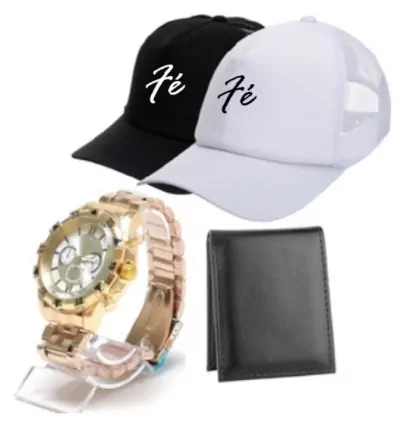 Kit Masculino Presente Relogio luxo aço dourado + bone grife + carteira de couro