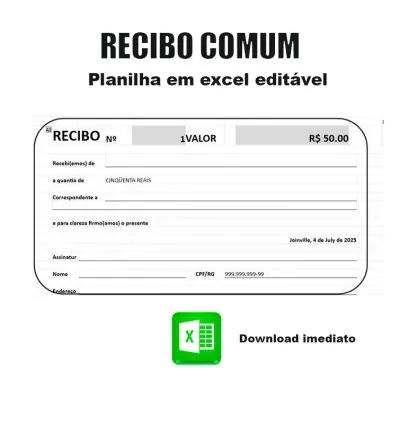 Planilha de Recibo Comum em Excel Editável – Download Imediato