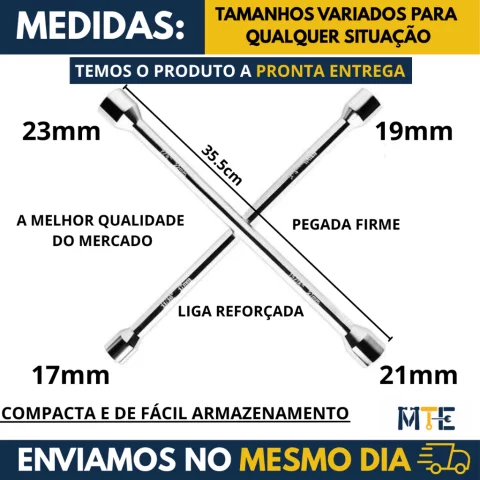 Chave de Roda Cruz 4 Bocas Universal 17mm 19mm 21mm 23mm – Alta Resistência e Durabilidade
