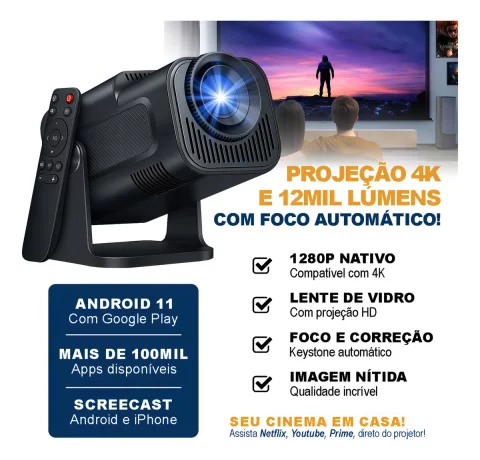 Projetor Davely HY320 Mini Smart TV Android Wi-Fi 6 – Full HD 4K, 390 ANSI Lumens – Portátil com Controle Remoto