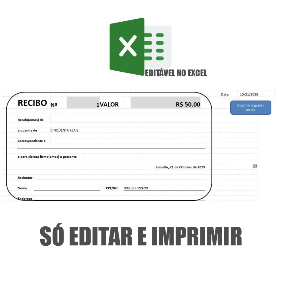 Planilha de Recibo Comum Editável em Excel (XLS)