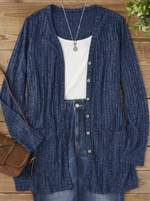 Cardigan Feminino Elegante com Decote em V e Bolsos Laterais