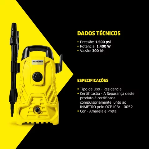 Lavadora de Alta Pressão Kärcher Compacta 1500 PSI 1400W 300L/h com Aplicador de Detergente e Lança Regulável – 127V