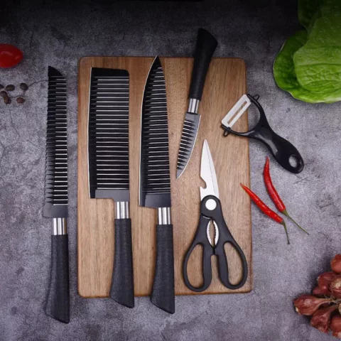 Kit de Facas de Cozinha e Churrasco Profissional Antiaderente – 6 Peças Preto/Colorido 🍖🔪 2