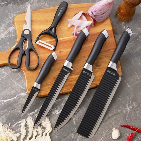 Kit de Facas de Cozinha e Churrasco Profissional Antiaderente – 6 Peças Preto/Colorido 🍖🔪 1