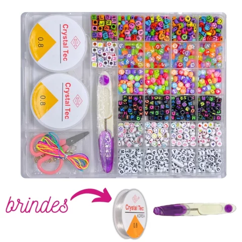 Kit de Miçangas Infantil – Brinquedo Criativo para Fazer Pulseiras e Colares Coloridos + Fio de Silicone e Tesoura