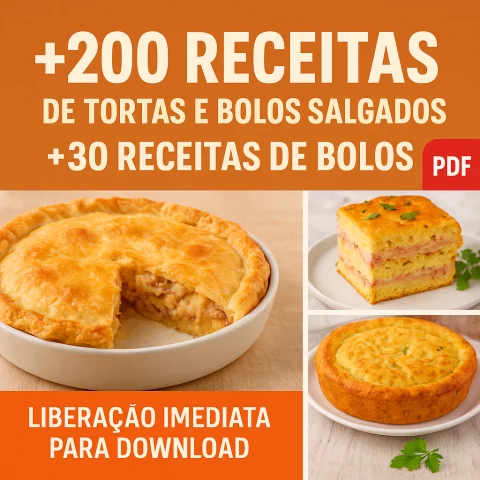 +200 Receitas de Tortas e Bolos Salgados + Bônus: 30 Receitas de Bolos – PDF Completo para Lucrar Muito!