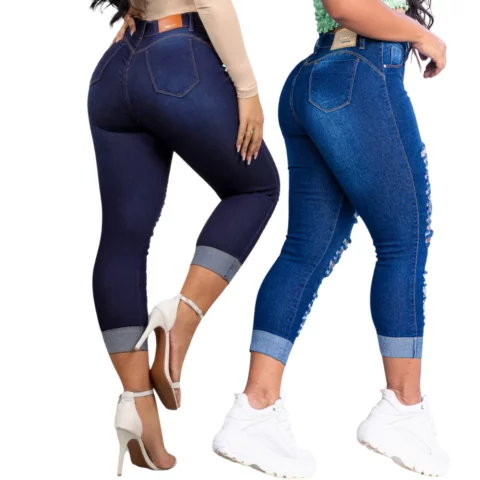 Kit 02 Calças Capri Rasgadas Jeans Com Lycra