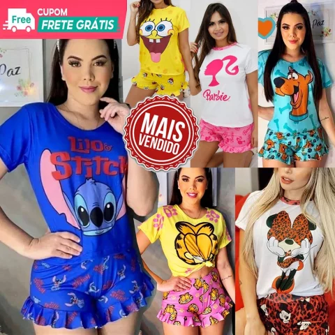 Pijama Verão Blusinha com Shorts Luxo Personagens