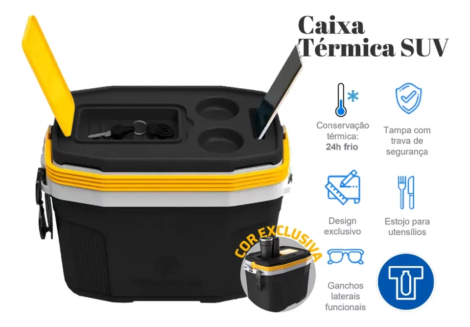 Caixa Térmica SUV Cooler Termolar 20 Litros – Preto e Amarelo | Potência, Durabilidade e Conservação por Muito Mais Tempo