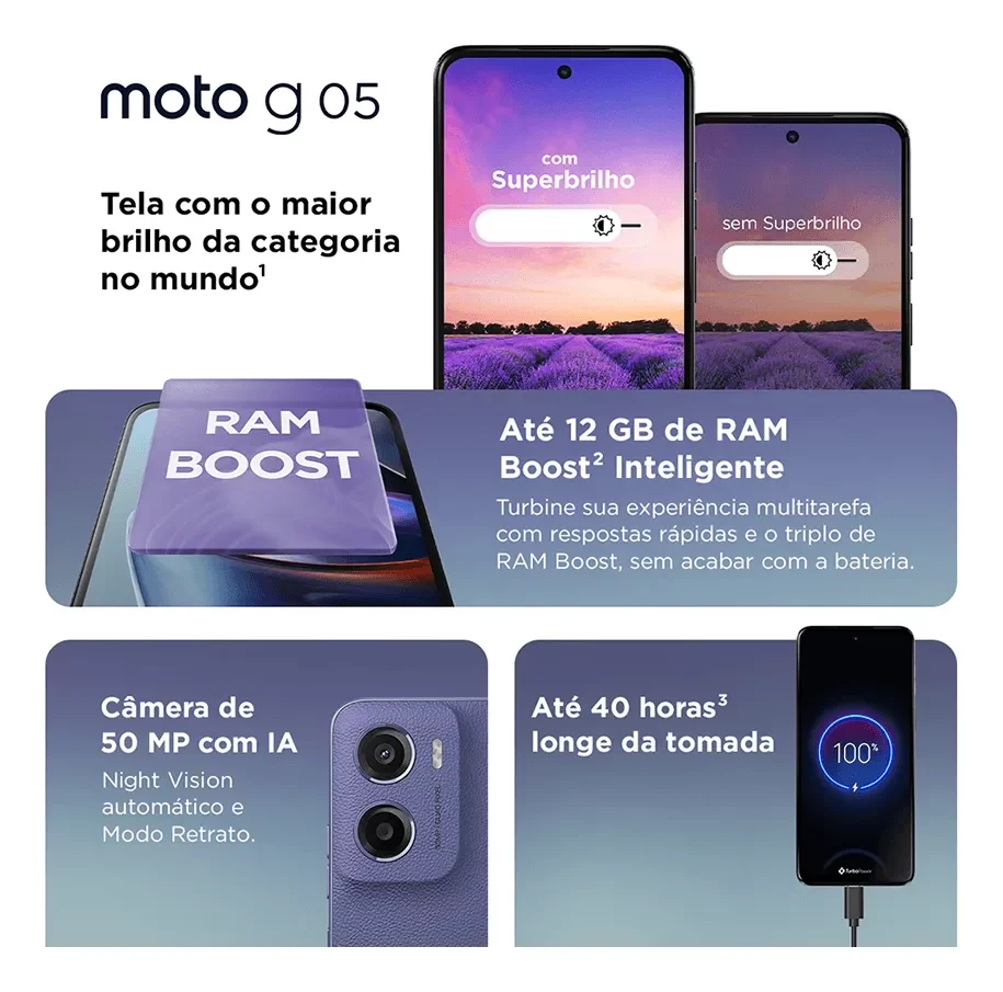 Smartphone Motorola Moto G05 – 128GB + 12GB RAM (4GB + 8GB RAM Boost) – Câmera 50MP com IA – Bateria 5200 mAh – Tela 6.7” Superbrilho – Cor Violeta