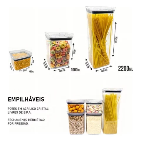 ￼Kit 12 Potes Hermeticos Acrilico Potes Mantimentos Empilháveis Kit Mantimentos para Cozinha Promoção