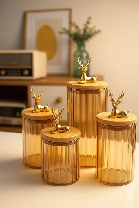 ￼Pote De Vidro Redondo com Design de Cervo Tampa Bambu Hermético 450ml/650ml/750ml