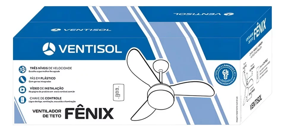 Ventilador de Teto Ventisol Fênix E-27 – Branco, 130W, 3 Pás em Plástico – 960 mm Conforto, elegância e alta eficiência para o seu lar!