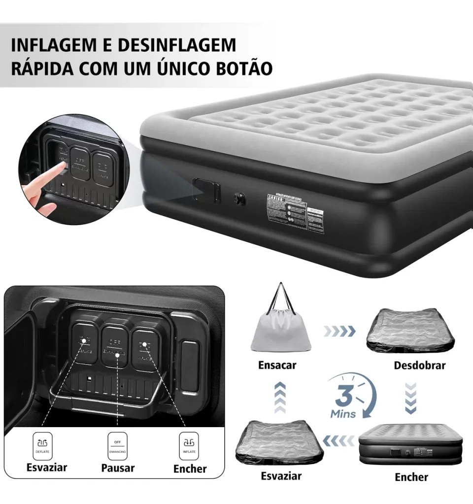 Colchão Inflável Duplo Elétrico com 2 Travesseiros – Bomba Recarregável Embutida | Conforto, Praticidade e Alta Durabilidade