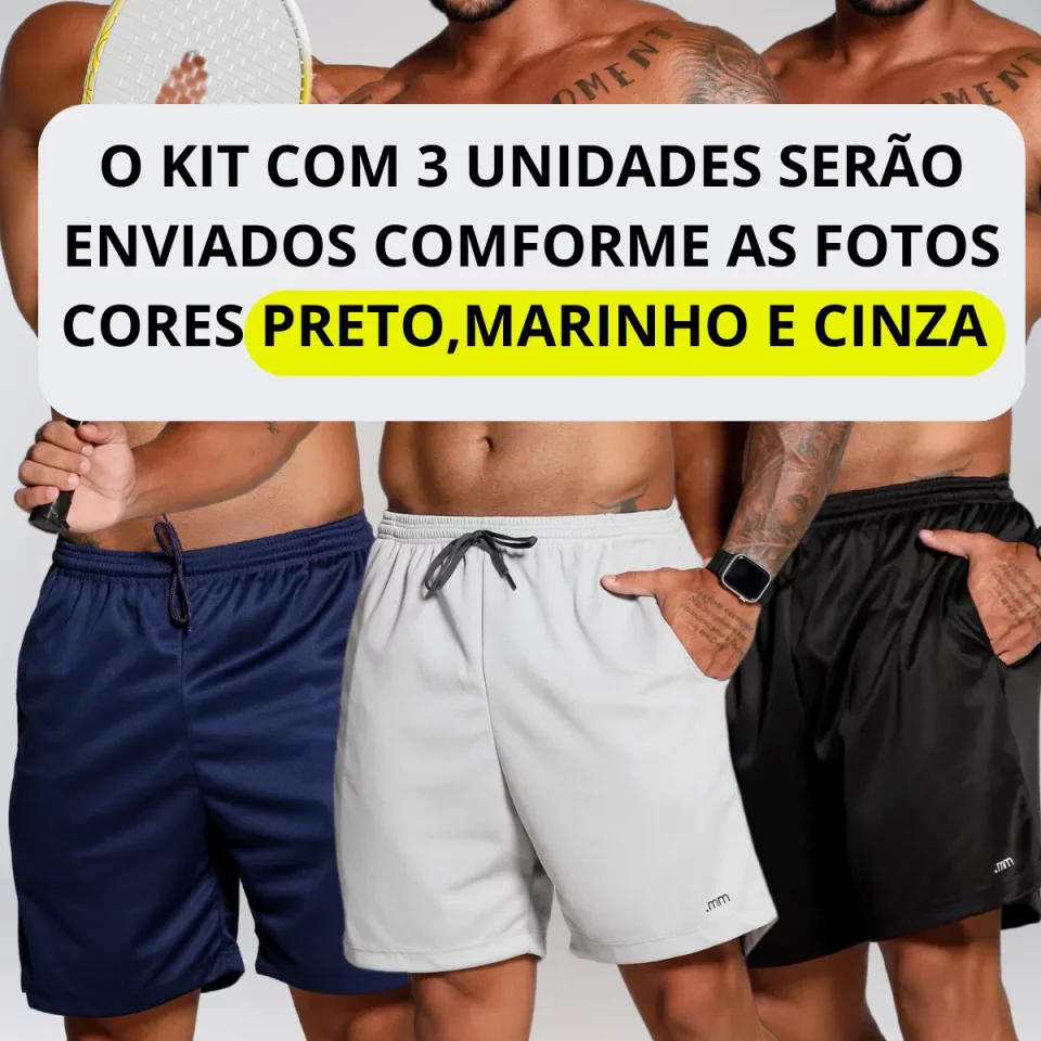 Kit 3 Bermudas Esportivas Masculinas Futebol / Treino / Academia – Conforto, Estilo e Performance
