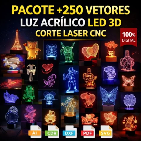 Pacote com mais de 250 Vetores de Lâmpadas LED 3D em Acrílico – Corte Laser e CNC