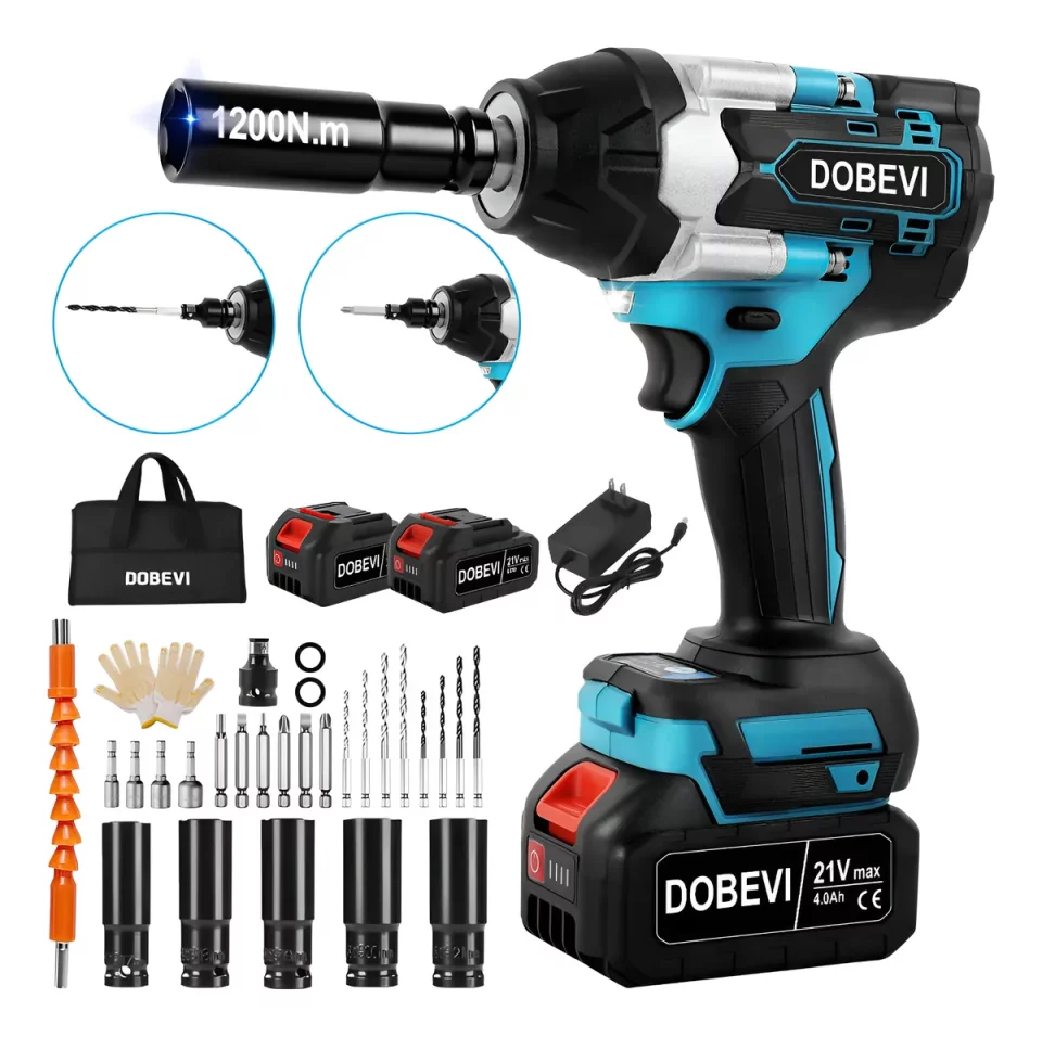 Chave de Impacto Sem Fio 1200 Nm 3 em 1 Dobevi Azul + 2 Baterias 4.0Ah – Potência Profissional 127/220V