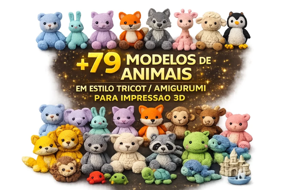 Pacote com 79 Animais em Estilo Tricot / Amigurumi para Impressão 3D – STL e 3MF