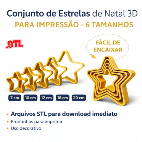 Conjunto Estrela de Natal 3D para Impressão – 6 Tamanhos Diferentes (Arquivos STL)