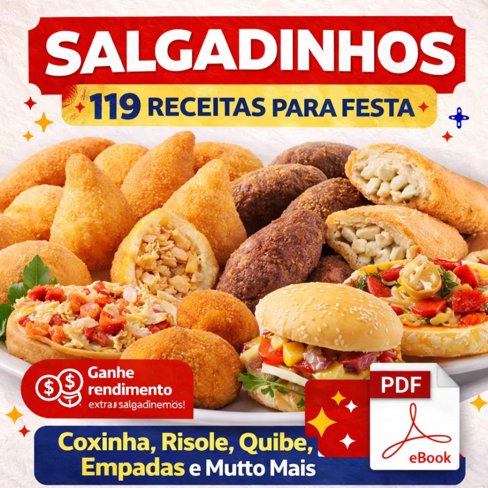119 Receitas de Salgadinhos para Festa – eBook PDF com Coxinha, Risole, Quibe, Empadas e Muito Mais