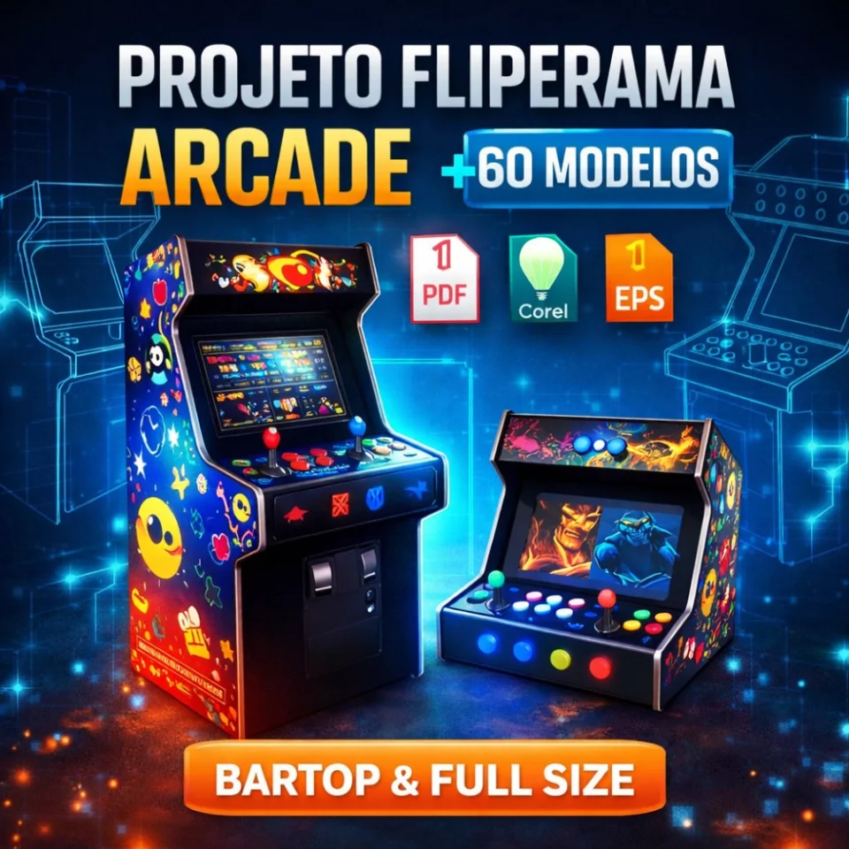 Projeto Fliperama Arcade Completo + 60 Modelos (Bartop e Full Size) em PDF