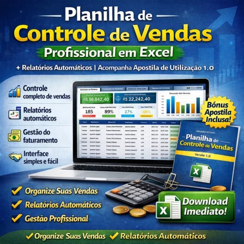 Planilha de Controle de Vendas Profissional em Excel + Relatórios Automáticos | Acompanha Apostila de Utilização 1.0