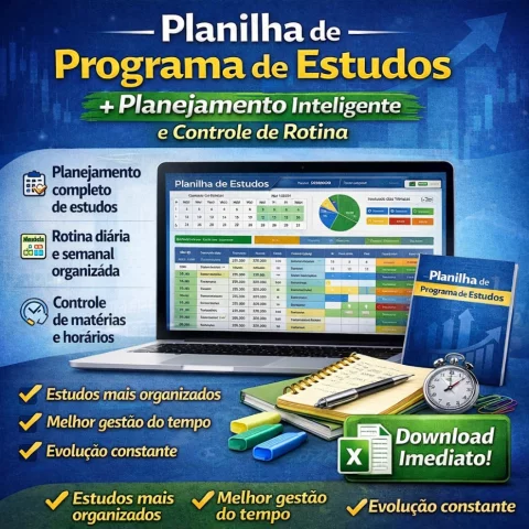 Planilha de Programa de Estudos em Excel + Planejamento Inteligente e Controle de Rotina