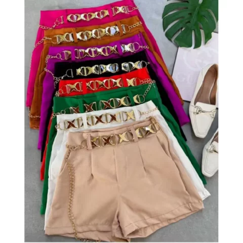 Short feminino estiloso alfaiataria cintura alta com cinto corrente