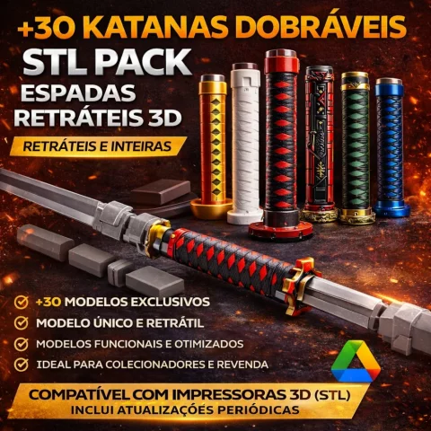 Pack +30 Katanas Dobráveis STL Espadas Retráteis 3D Modelos Exclusivos + Atualizações Grátis