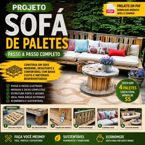 Projeto Sofá de Paletes em PDF | Guia Completo Passo a Passo + Medidas e Montagem