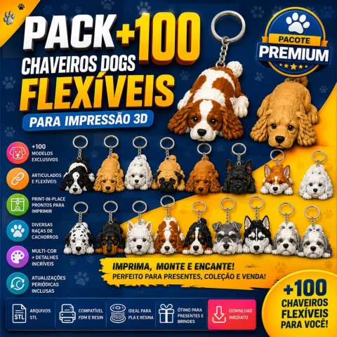 Pack +100 Arquivos STL Chaveiros Cachorros Articulados Flexíveis para Impressão 3D