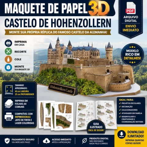 Maquete de Papel 3D Castelo de Hohenzollern Alemanha em PDF para Imprimir e Montar