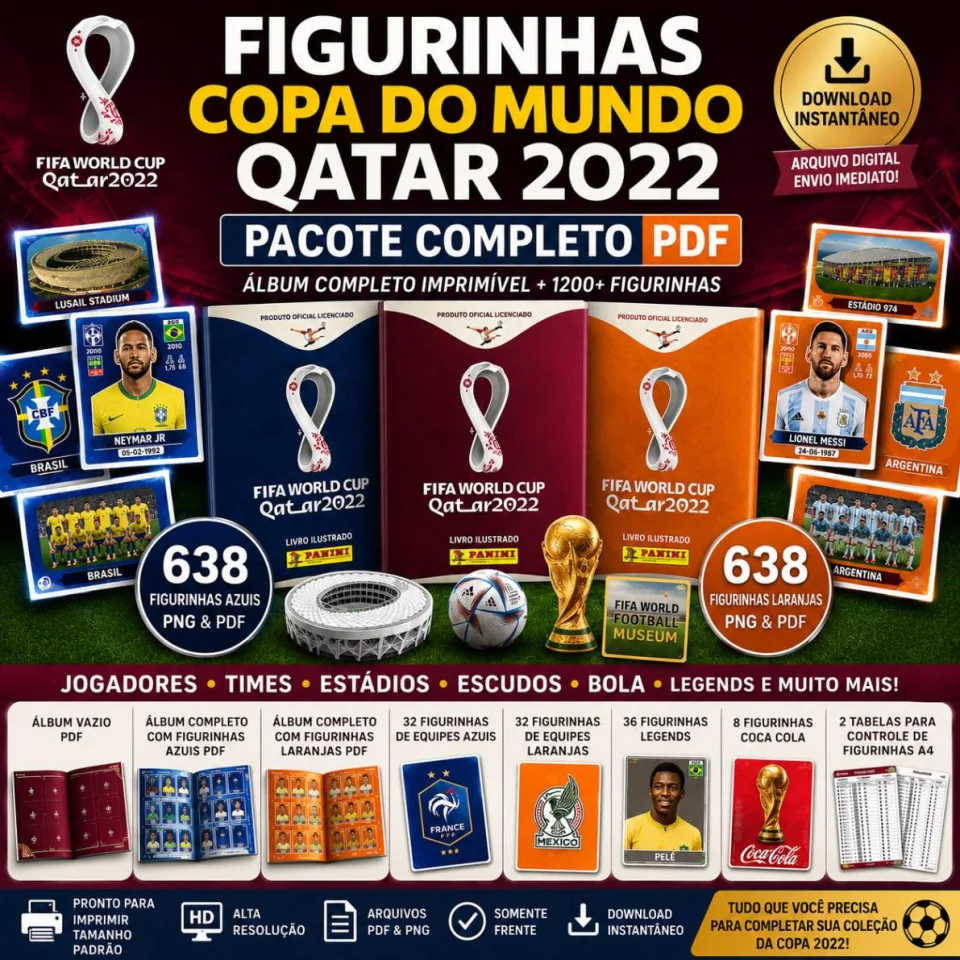 Pacote Figurinhas Copa Do Mundo Qatar 2022 PDF | Álbum Completo Imprimível + 1200+ Figurinhas Download Digital