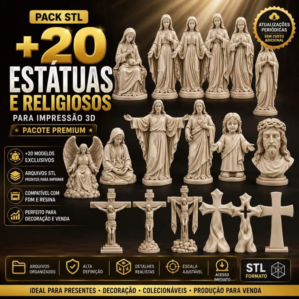 Pack STL +20 Estatuas  Religiosas e Cruzes PARA IMPRESSÃO 3D + UPDATES