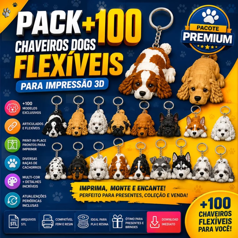 Pack +100 Arquivos STL Chaveiros Cachorros Articulados Flexíveis para Impressão 3D