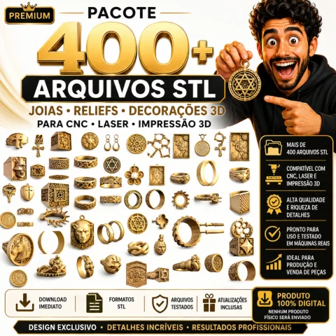 Pacote +400 Arquivos STL Joias, Relief 3D, CNC Router e Laser