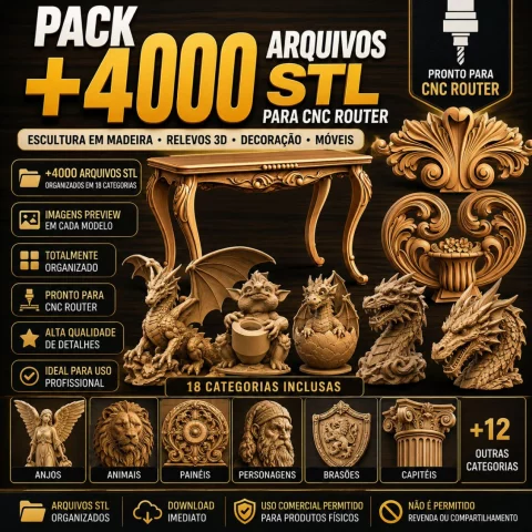 Arquivos para CNC Router – Pack +4000 Arquivos STL | Esculturas, Relevos 3D, Móveis e Decoração em Madeira