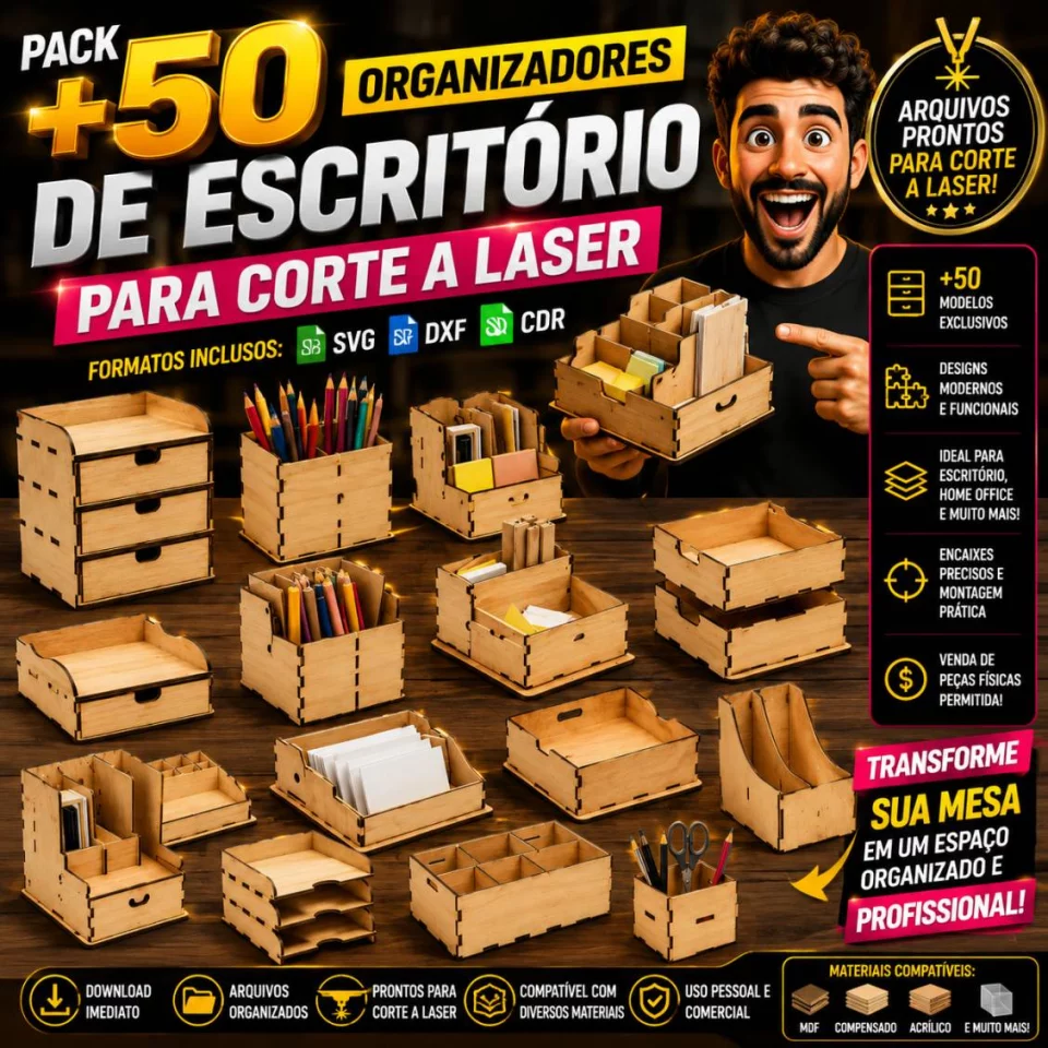 Pack +50 Organizadores de Escritório para Corte a Laser | SVG DXF CDR