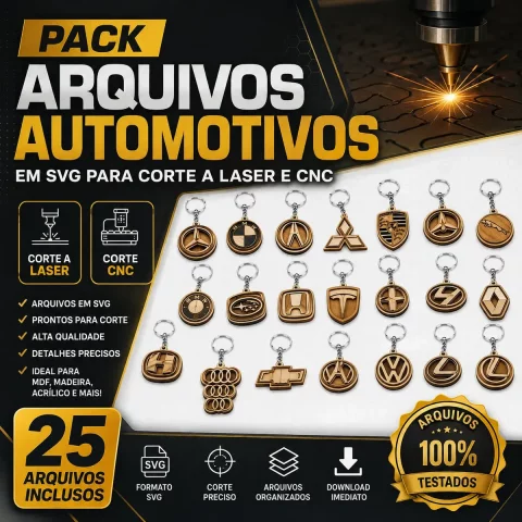 Pack Arquivos Automotivos em SVG: Chaveiros para Corte a Laser e CNC