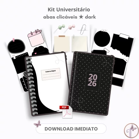 Kit Universitário - Abas Clicáveis ★ Dark - Caderno e Planner Digital para estudante + Acesso vitalício ao nosso acervo de figurinhas