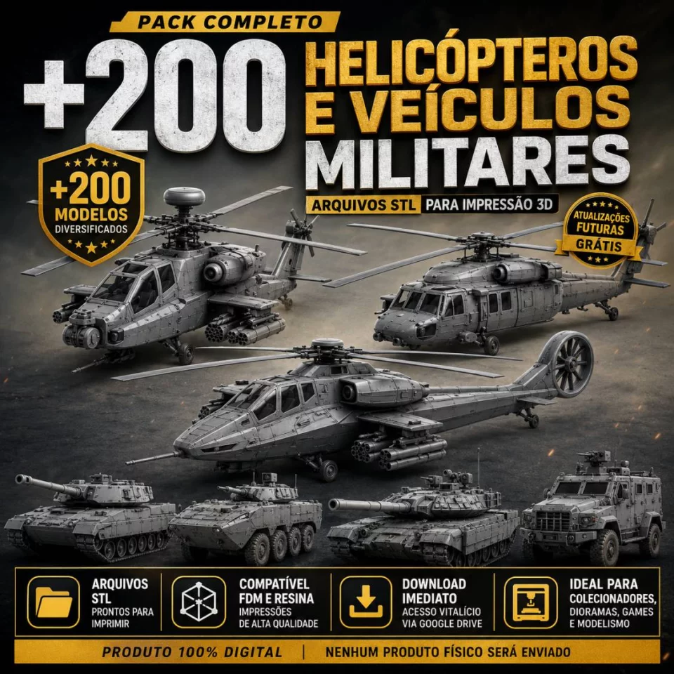Pack com +200 Arquivos STL de Helicópteros e Veículos Militares para Impressão 3D
