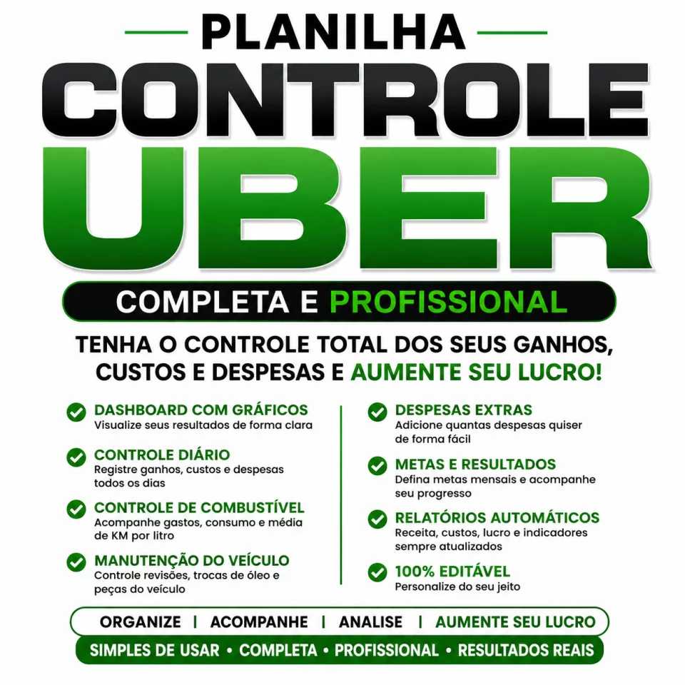 Planilha Controle Financeiro para Uber, 99 e InDrive | Ganhos, Custos, Combustível e Manutenção