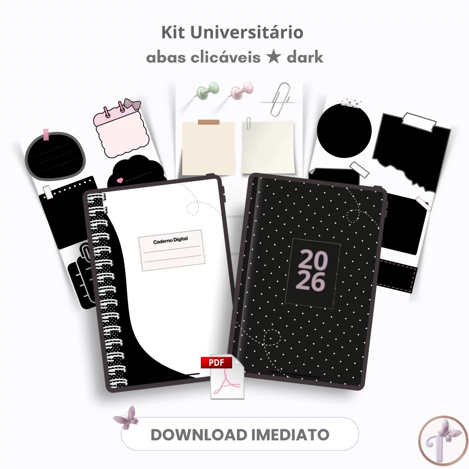 Kit Universitário - Abas Clicáveis ★ Dark - Caderno e Planner Digital para estudante + Acesso vitalício ao nosso acervo de figurinhas