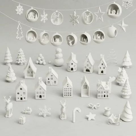 Pack +50 Arquivos STL Natal – Ornamentos, Árvores, Casas 3D & Mini Vilarejos