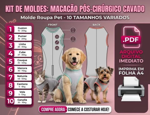 Molde Roupa Pós Cirúrgica Pet 10 Tamanhos - Cavado 1